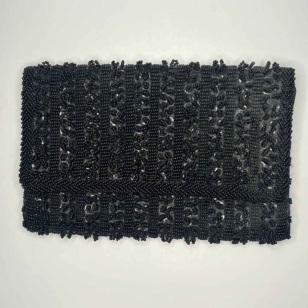 Black beaded hand bag, made in the British crown colony of Hong Kong!